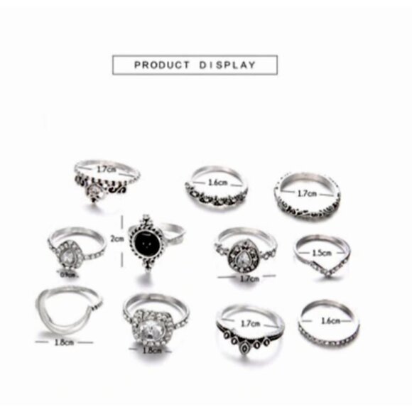 11 Piece Boho Silver Crystal Moon Pendant Filigree Stackable Ring Set Gothic - Picture 4 of 5